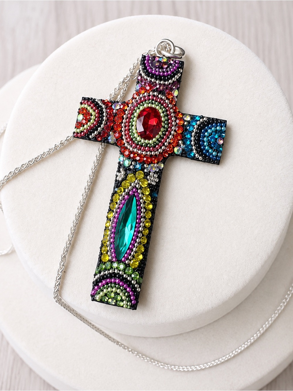 Mexico Sterling Silver 925 Multicolor Crystal Cross Pendant Necklace